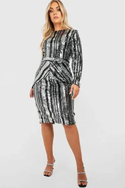 Midi Dresses*boohoo Plus Stripe Sequin Midi Dress black