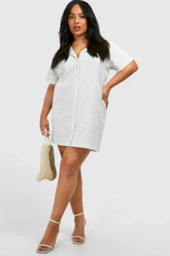 Shirt Dresses*boohoo Plus Stripe Short Sleeve Oversized Shirt Dress stone