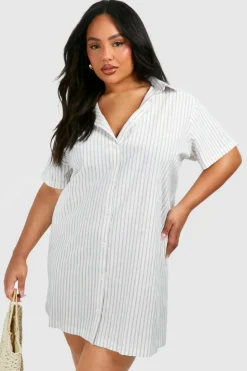 Shirt Dresses*boohoo Plus Stripe Short Sleeve Oversized Shirt Dress stone