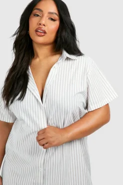 Shirt Dresses*boohoo Plus Stripe Short Sleeve Oversized Shirt Dress stone