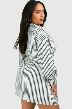 Shirt Dresses|Wrap Dresses*boohoo Plus Stripe Wrap Belted Shirt Dress ivory