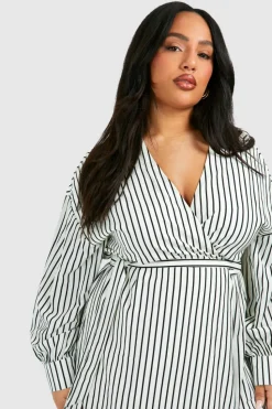 Shirt Dresses|Wrap Dresses*boohoo Plus Stripe Wrap Belted Shirt Dress ivory