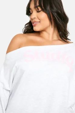 Sweatshirts|Hoodies & Sweatshirts*boohoo Plus Studio Slogan Off The Shoulder Sweatshirt ash grey
