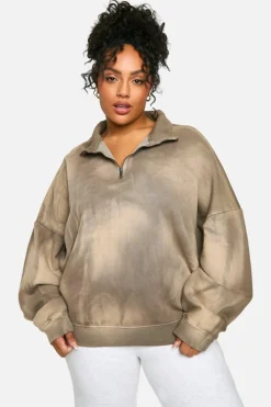 Sweatshirts|Hoodies & Sweatshirts*boohoo Plus Sunbleach Wash Half Zip Sweatshirt taupe