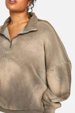 Sweatshirts|Hoodies & Sweatshirts*boohoo Plus Sunbleach Wash Half Zip Sweatshirt taupe