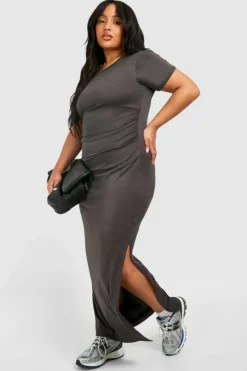 T-Shirt Dresses|Shirt Dresses*boohoo Plus Super Soft Jersey Ruched Split T-shirt Dress petrol