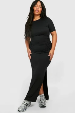 T-Shirt Dresses|Shirt Dresses*boohoo Plus Super Soft Jersey Ruched Split T-shirt Dress black