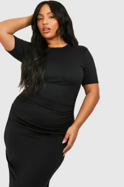 T-Shirt Dresses|Shirt Dresses*boohoo Plus Super Soft Jersey Ruched Split T-shirt Dress black