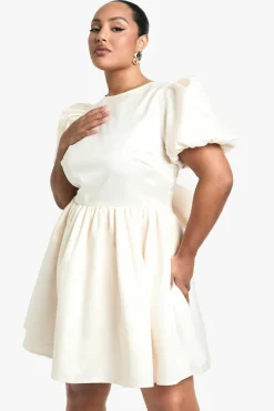 Skater Dresses|Mini Dresses*boohoo Plus Taffeta Bow Back Puff Sleeve Skater Dress ivory
