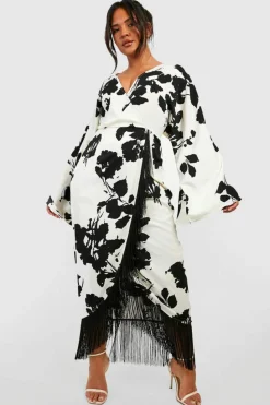 Wrap Dresses|Long Sleeve Dresses*boohoo Plus Tassel Hem Wrap Dress cream