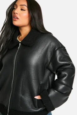 Up To 80% Off Winter Warmers|Aviator Jackets*boohoo Plus Teddy Trim Faux Leather Jacket black