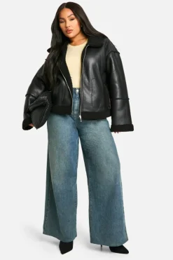 Up To 80% Off Winter Warmers|Aviator Jackets*boohoo Plus Teddy Trim Faux Leather Jacket black