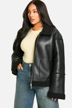 Up To 80% Off Winter Warmers|Aviator Jackets*boohoo Plus Teddy Trim Faux Leather Jacket black