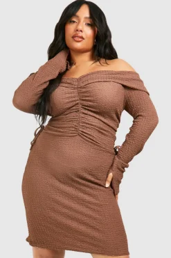 Bodycon Dresses*boohoo Plus Textured Off Shoulder Ruched Bodycon Dress camel