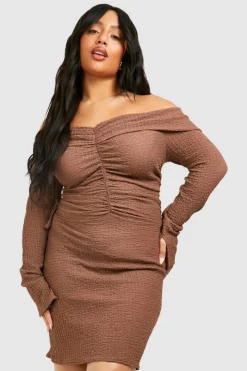 Bodycon Dresses*boohoo Plus Textured Off Shoulder Ruched Bodycon Dress camel