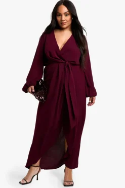 Maxi Dresses|Long Sleeve Dresses*boohoo Plus Textured Satin Tie Detail Maxi Dress wine