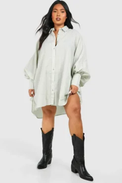 Shirt Dresses*boohoo Plus Textured Stripe Volume Sleeve Shirt Dress sage