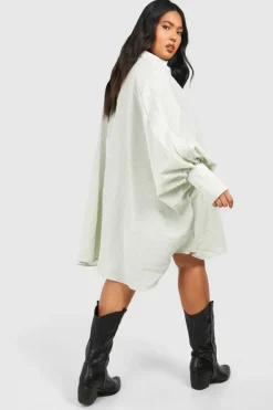 Shirt Dresses*boohoo Plus Textured Stripe Volume Sleeve Shirt Dress sage