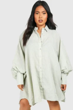 Shirt Dresses*boohoo Plus Textured Stripe Volume Sleeve Shirt Dress sage