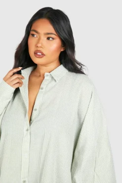 Shirt Dresses*boohoo Plus Textured Stripe Volume Sleeve Shirt Dress sage