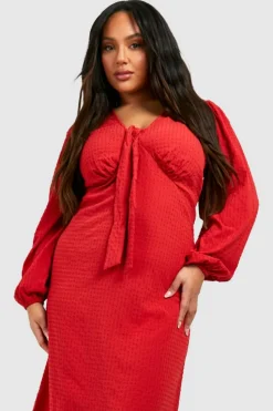 Midi Dresses*boohoo Plus Textu Tie Bust Midi Smock Dress red