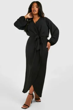 Maxi Dresses|Long Sleeve Dresses*boohoo Plus Textured Tie Detail Maxi Dress black