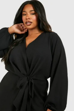Maxi Dresses|Long Sleeve Dresses*boohoo Plus Textured Tie Detail Maxi Dress black
