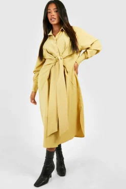 Shirt Dresses|Midi Dresses*boohoo Plus Textured Woven Tie Front Midi Shirt Dress olive