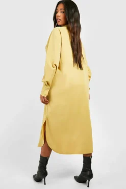 Shirt Dresses|Midi Dresses*boohoo Plus Textured Woven Tie Front Midi Shirt Dress olive