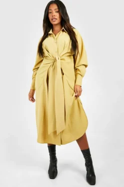 Shirt Dresses|Midi Dresses*boohoo Plus Textured Woven Tie Front Midi Shirt Dress olive