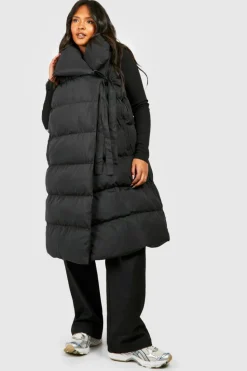 Up To 80% Off Winter Warmers|Long Coats*boohoo Plus Tie Detail Wrap Duvet Gilet black