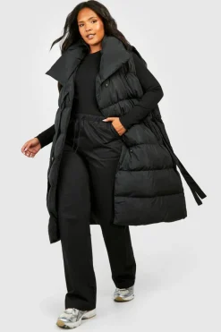 Up To 80% Off Winter Warmers|Long Coats*boohoo Plus Tie Detail Wrap Duvet Gilet black