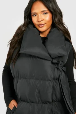 Up To 80% Off Winter Warmers|Long Coats*boohoo Plus Tie Detail Wrap Duvet Gilet black