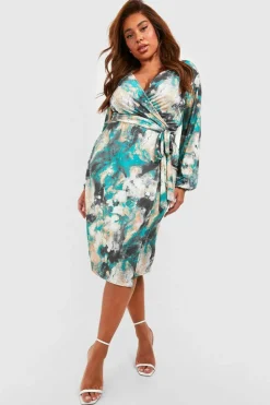 Wrap Dresses|Midi Dresses*boohoo Plus Tie Dye Slinky Wrap Midi Dress blue