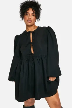 Smock Dresses*boohoo Plus Tie Front Long Sleeve Smock Dress black