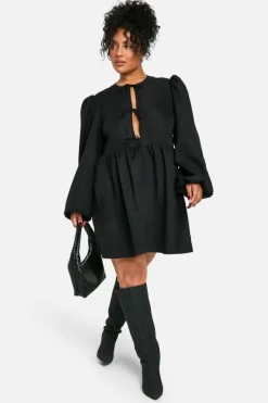 Smock Dresses*boohoo Plus Tie Front Long Sleeve Smock Dress black
