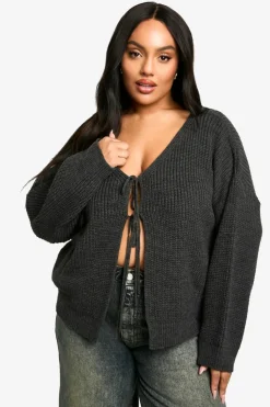 Cardigans*boohoo Plus Tie Front Oversized Soft Knit Cardigan charcoal