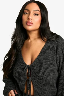 Cardigans*boohoo Plus Tie Front Oversized Soft Knit Cardigan charcoal