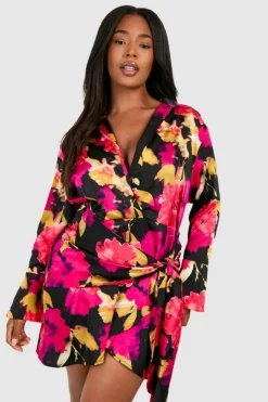 Shirt Dresses*boohoo Plus Tie Front Printed Satin Shirt Dress black