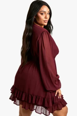 Smock Dresses*boohoo Plus Tiered Tie Smock Dress plum