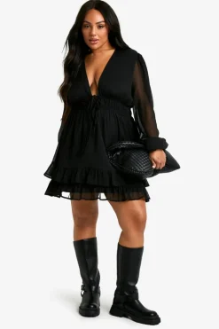 Smock Dresses*boohoo Plus Tiered Tie Smock Dress black