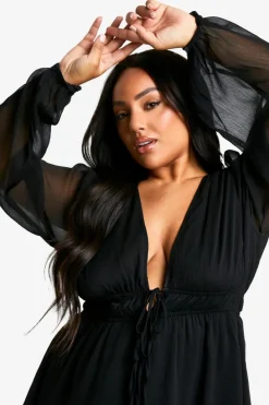 Smock Dresses*boohoo Plus Tiered Tie Smock Dress black