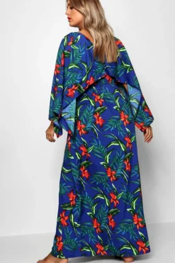 Smock Dresses*boohoo Plus Tropical Kimono Sleeve Maxi Dress blue