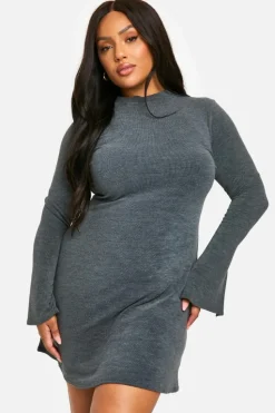Smock Dresses*boohoo Plus Two Tone Rib Flared Sleeve Smock Dress grey