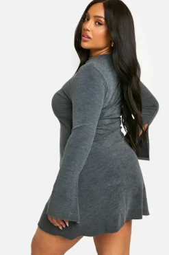 Smock Dresses*boohoo Plus Two Tone Rib Flared Sleeve Smock Dress grey