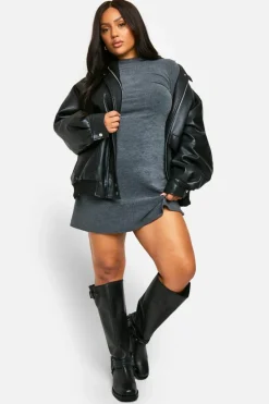 Smock Dresses*boohoo Plus Two Tone Rib Flared Sleeve Smock Dress grey