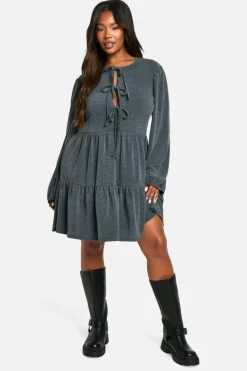 Smock Dresses|Mini Dresses*boohoo Plus Two Tone Rib Tie Front Smock Dress grey