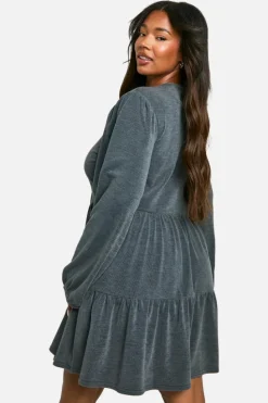 Smock Dresses|Mini Dresses*boohoo Plus Two Tone Rib Tie Front Smock Dress grey