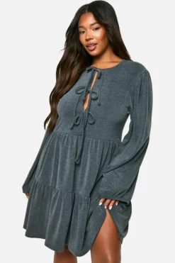 Smock Dresses|Mini Dresses*boohoo Plus Two Tone Rib Tie Front Smock Dress grey