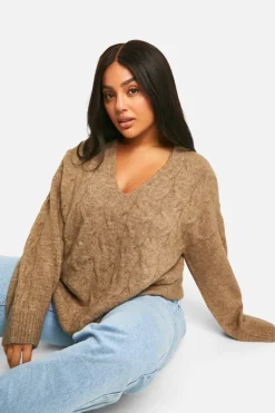 Jumpers|Jumpers & Cardigans*boohoo Plus V Neck Soft Knit Cable Jumper camel